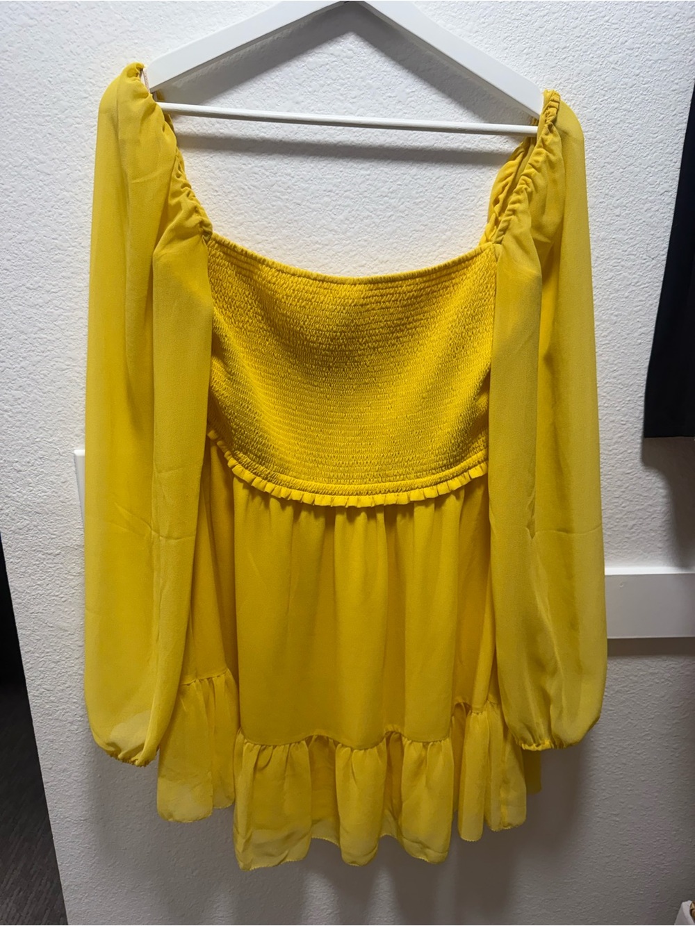 Aritzia Lemon Yellow Smocked Off-Shoulder Tunic
